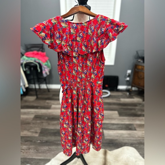 $150 Anthropologie Maeve Wrap Dress Red Floral Rosalia Ruffle Sleeveless Sz 0 - Picture 6 of 11